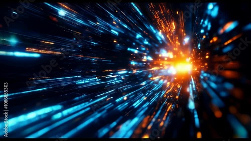 Dynamic futuristic background with glowing orange and blue gradient lights, sparkling particles, and soft wave textures. Perfect for technology presentations, trailers, or modern corporate visuals