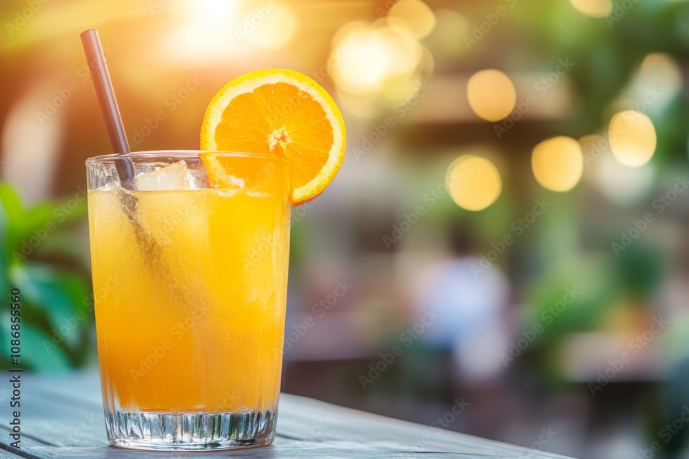Refreshing Citrus Beverage in Glass with Ice and Orange Slice Against a Soft Focus Background of a Bright Sunny Day Refreshing Citrus Beverage in Glass with Ice and Orange Slice Against a Soft Focus Background of a Bright Sunny Day