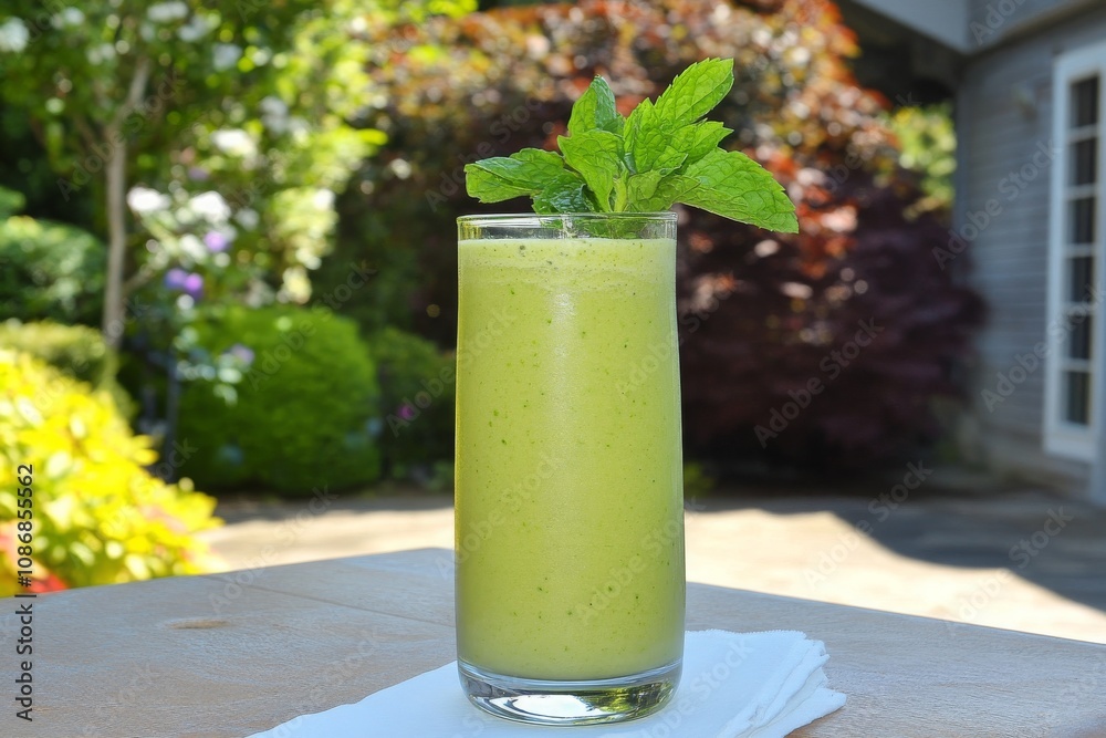 Refreshing Green Smoothie with Mint Garnish in a Sunlit Garden Setting Surrounded by Lush Foliage and Vibrant Colors for Healthy Lifestyle Inspiration Refreshing Green Smoothie with Mint Garnish in a Sunlit Garden Setting Surrounded by Lush Foliage and Vibrant Colors for Healthy Lifestyle Inspiration