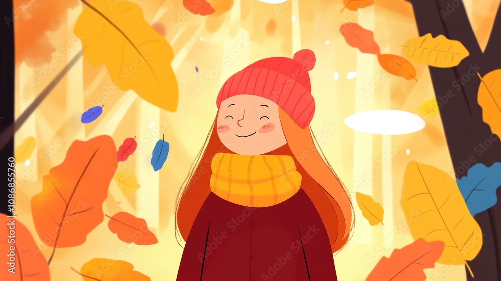 A girl enjoys the autumn breeze surrounded by colorful leaves in a serene forest setting during a sunny day A girl enjoys the autumn breeze surrounded by colorful leaves in a serene forest setting during a sunny day