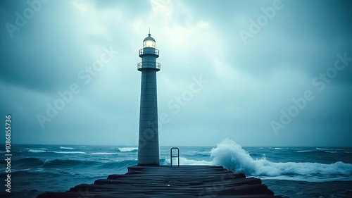 A solitary lighthouse stands tall on a wooden pier amidst a turbulent sea, its light illuminating the crashing waves and cloudy sky. photo