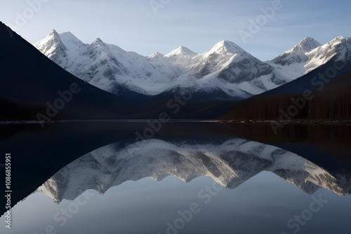 A majestic mountain range dominates the landscape, its peaks dusted with snow and reflecting perfectly in the calm waters of a serene lake. The sky is a clear, vibrant blue, contrasting beautifully wi