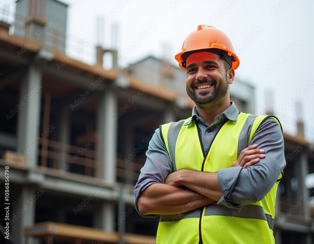 A construction site, a man in front of it, a hard hat on head, dressed an engineer's vest, arms crossed, smiling A construction site, a man in front of it, a hard hat on head, dressed an engineer's vest, arms crossed, smiling