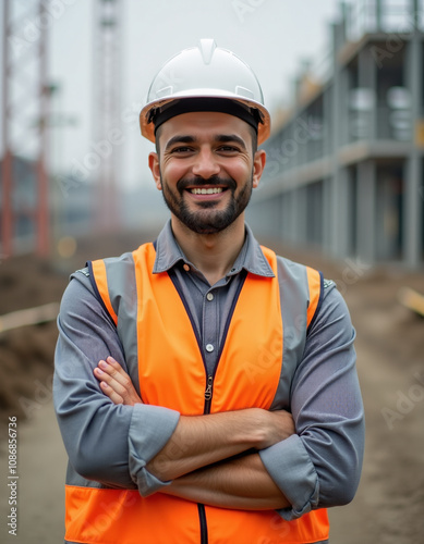 A construction site, a man in front of it, a hard hat on head, dressed an engineer's vest, arms crossed, smiling 