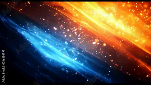 Dynamic futuristic background with glowing orange and blue gradient lights, sparkling particles, and soft wave textures. Perfect for technology presentations, trailers, or modern corporate visuals