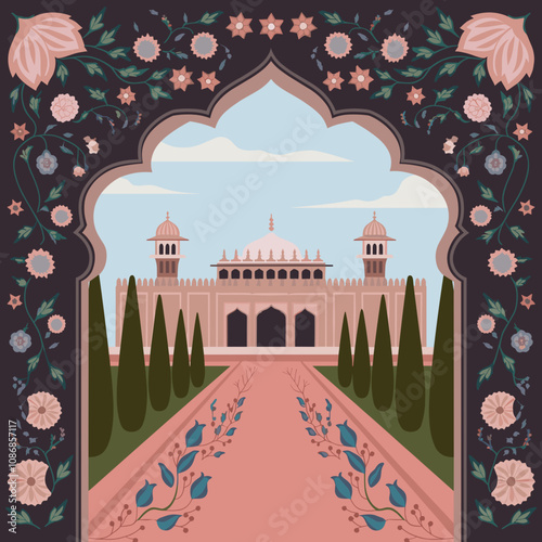 Traditional Mughal Garden with Floral Arch Design