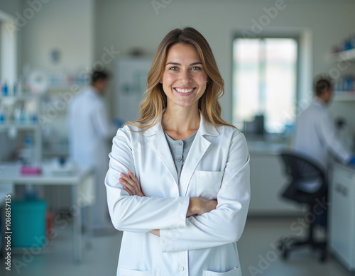 inside a laboratory, a female doctor standing ,arms crossed, smiling