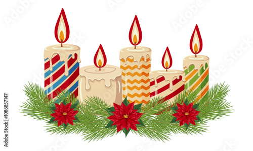 Christmas candles with striped patterns surrounded by pine branches and poinsettia flowers. Festive holiday illustration on white background. Christmas and winter decoration concept.