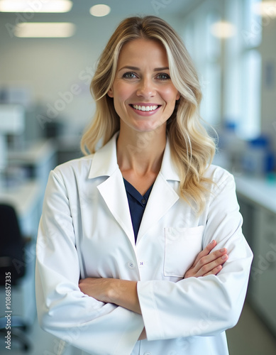 inside a laboratory, a female doctor standing ,arms crossed, smiling