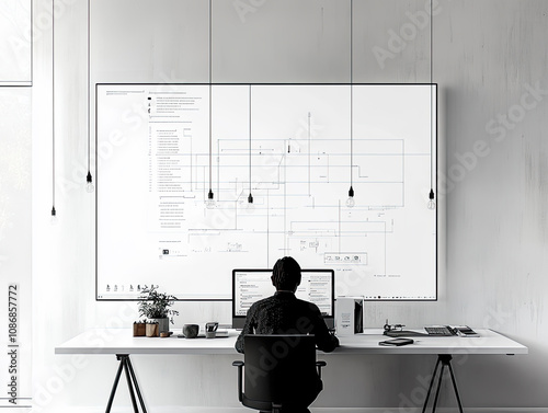 An individual is intensely focused on work, typing on a computer in a sleek, modern office environment with a large digital screen and minimalist decor.