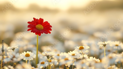 A solitary scarlet bloom rising among a tranquil sea of white daisies, the vivid flower embodies vibrant uniqueness photo