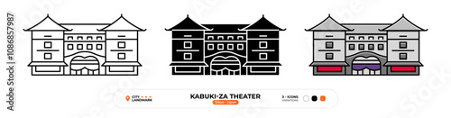 Kabuki-za Theater Line Icon. Tokyo_Japan, Silhouette, Color Symbol, Editable Stroke.