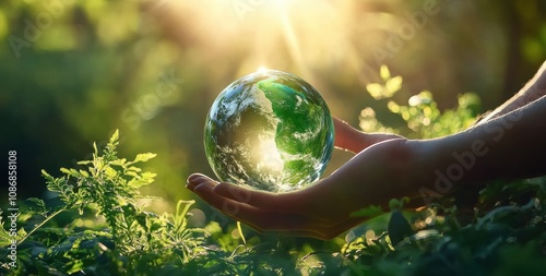 Captivating Image of a Human Hand Holding a Glass Globe Symbolizing Earth Amidst Lush Greenery and Sunlight, Representing Nature Conservation and Global Responsibility photo