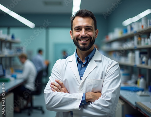 inside a laboratory, a male doctor standing ,arms crossed, smiling