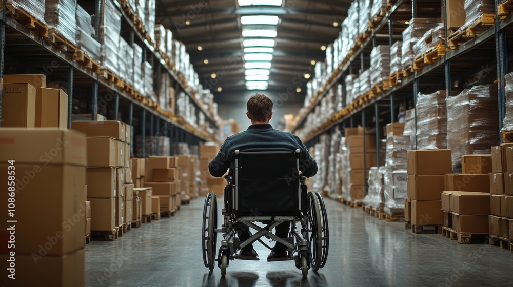 Obraz premium Man in Wheelchair Navigating Warehouse