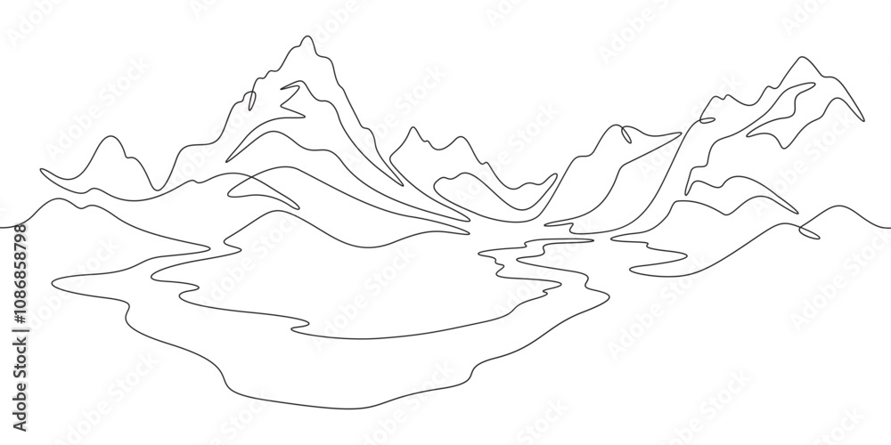 Continuous one line drawing mountain landscape. Panorama of high mountains and mountain river. Nature. One continuous line isolated minimal illustration.Not AI. Continuous one line drawing mountain landscape. Panorama of high mountains and mountain river. Nature. One continuous line isolated minimal illustration.Not AI.