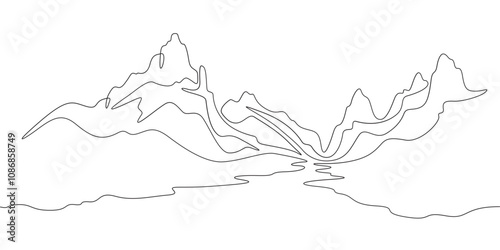 Continuous one line drawing mountain landscape. Panorama of high mountains and mountain river. Nature. One continuous line isolated minimal illustration.Not AI.