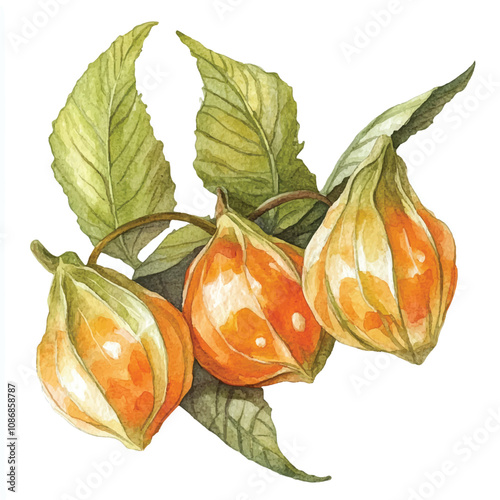 Physalis fruit watercolor clipart illustration