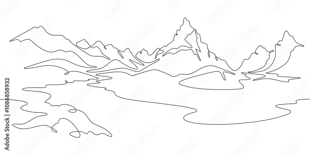 Continuous one line drawing mountain landscape. Panorama of high mountains and mountain river. Nature. One continuous line isolated minimal illustration.Not AI. Continuous one line drawing mountain landscape. Panorama of high mountains and mountain river. Nature. One continuous line isolated minimal illustration.Not AI.
