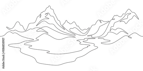Continuous one line drawing mountain landscape. Panorama of high mountains and mountain river. Nature.  One continuous line isolated minimal illustration.Not AI.