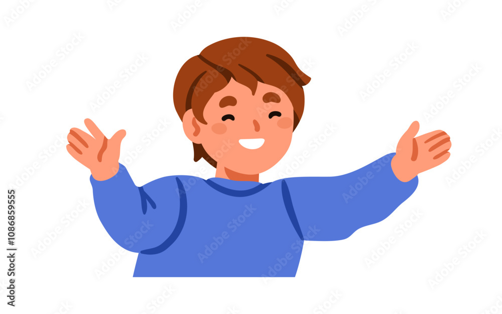 Happy boy with open arms and cheerful smile, joy expression. Cute child welcoming with friendly gesture, joyful hug. Funny joyous positive kid. Flat vector illustration isolated on white background Happy boy with open arms and cheerful smile, joy expression. Cute child welcoming with friendly gesture, joyful hug. Funny joyous positive kid. Flat vector illustration isolated on white background