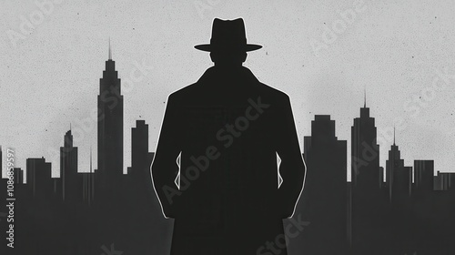 Black-and-white noir Comic-Con poster with shadowy figures, crime-ridden city, promoting detective and crime genres.