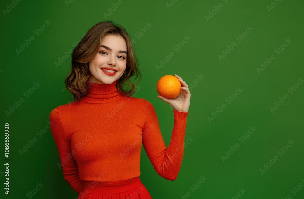 A happy woman holding an orange in her hand, against a green background, in a studio setting. A happy woman holding an orange in her hand, against a green background, in a studio setting.