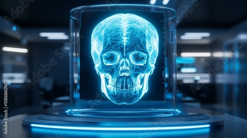 Holographic X-ray screen in a lab, displaying detailed human skull layers, futuristic technology, ambient lighting in blue tones photo