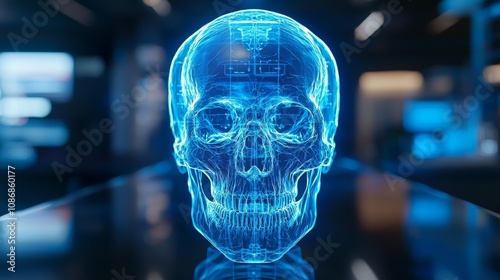 Holographic X-ray screen in a lab, displaying detailed human skull layers, futuristic technology, ambient lighting in blue tones photo