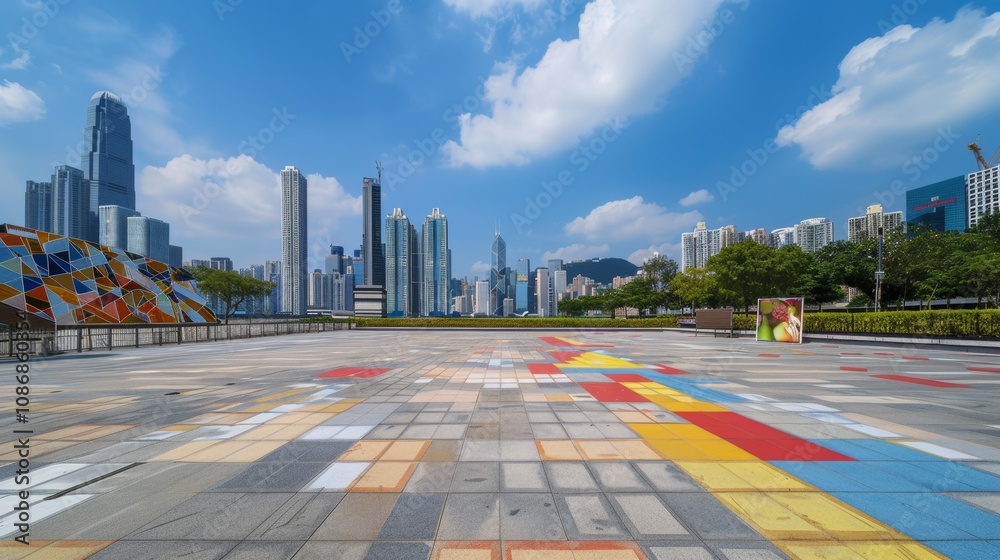 Obraz premium Empty square floor with city skyline background, Community Supportive Housing Development, dusk