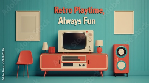 Colorful 1970s TV ad toy vibrant graphics energetic fonts Retro Playtime Always Fun. photo