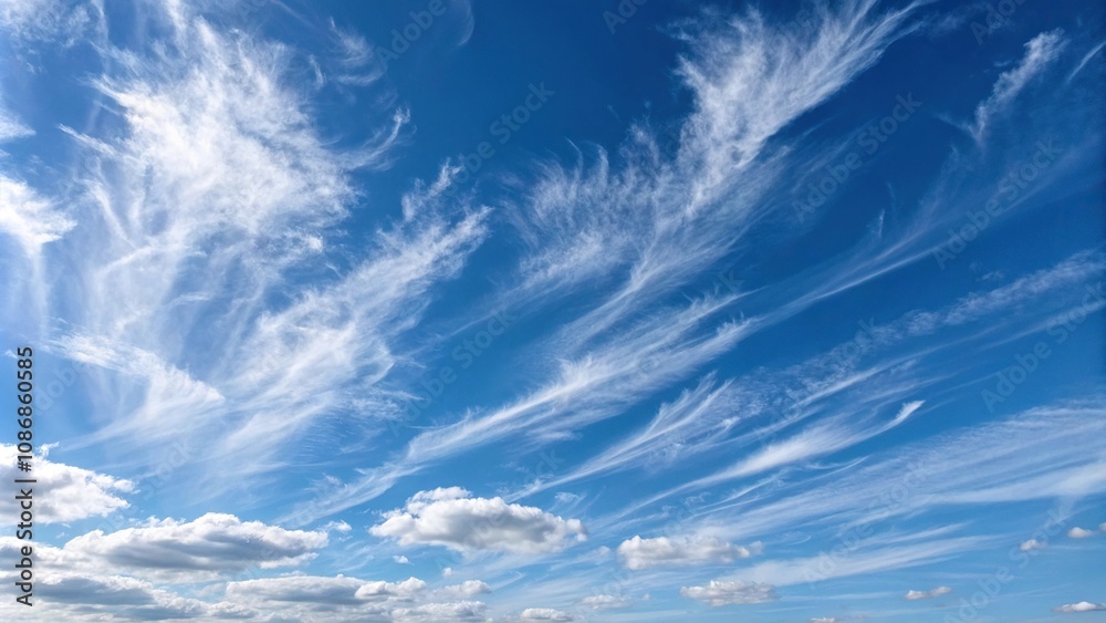 Thin and wispy white clouds are suspended in the clear blue sky on a sunny day, blue, radiant, carefree, light, clear Thin and wispy white clouds are suspended in the clear blue sky on a sunny day, blue, radiant, carefree, light, clear