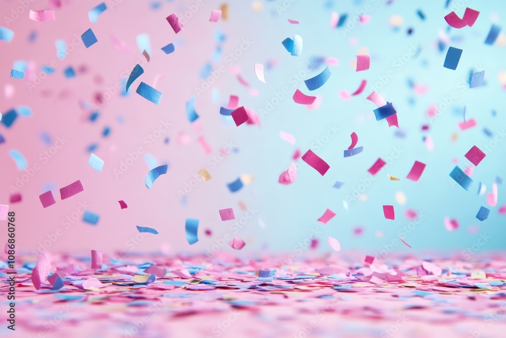Colorful confetti falls on a vibrant pink and blue background during a festive celebration Colorful confetti falls on a vibrant pink and blue background during a festive celebration