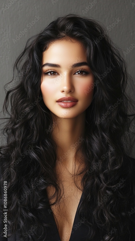 Naklejka premium Captivating portrait of a woman with striking features, luscious dark curls cascading down, and alluring gaze set against a neutral background, exuding beauty and confidence.