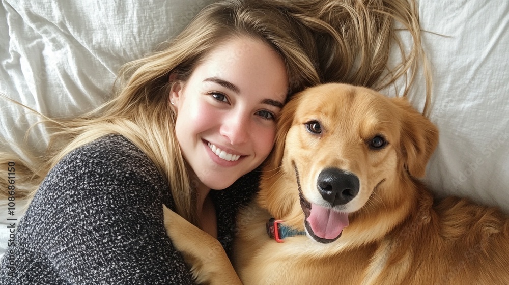 Heartwarming selfie of a smiling young woman cuddling with her friendly golden retriever on a cozy white bed, capturing a moment of pure joy and companionship. Heartwarming selfie of a smiling young woman cuddling with her friendly golden retriever on a cozy white bed, capturing a moment of pure joy and companionship.