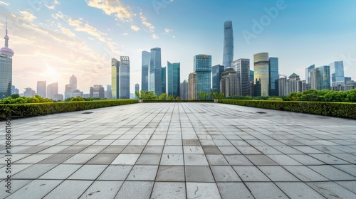 Empty square floor with city skyline background, Urban Artistic Expression Project, midday photo