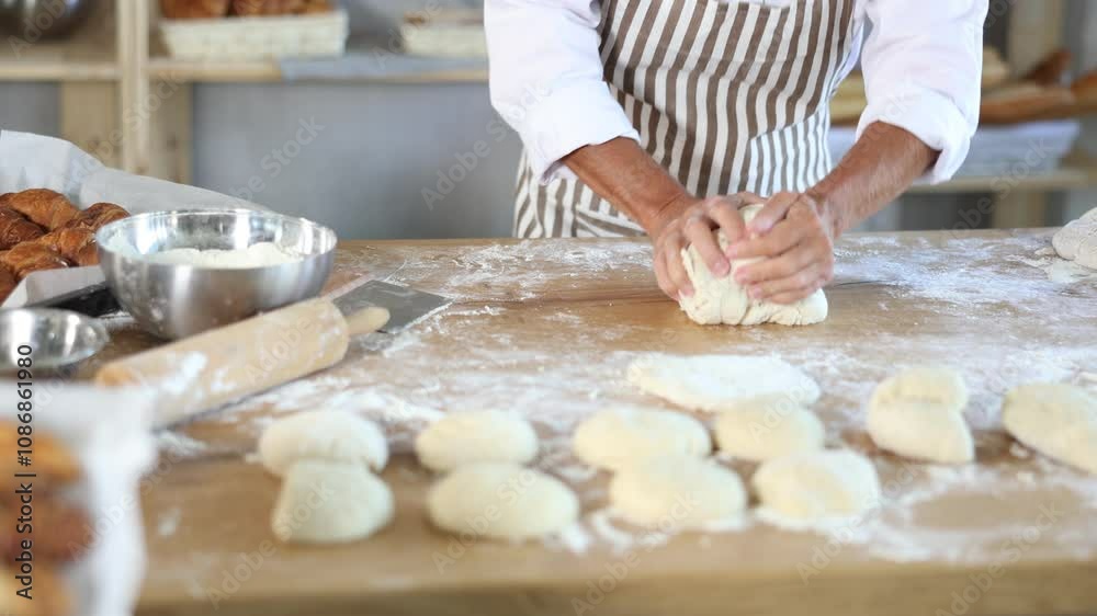 Hands of professional baker in maroon apron(white uniform) kneading dough on floury wooden table, filled with baking tools and ingredients, in artisan bakery shop Hands of professional baker in maroon apron(white uniform) kneading dough on floury wooden table, filled with baking tools and ingredients, in artisan bakery shop