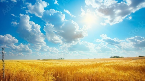 Golden Wheat Field Under a Bright Blue Sky with Fluffy Clouds