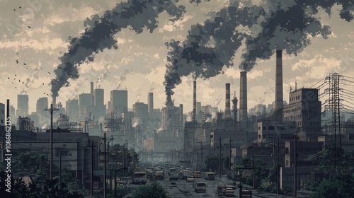 Industrial Cityscape with Smoke Plumes and Traffic