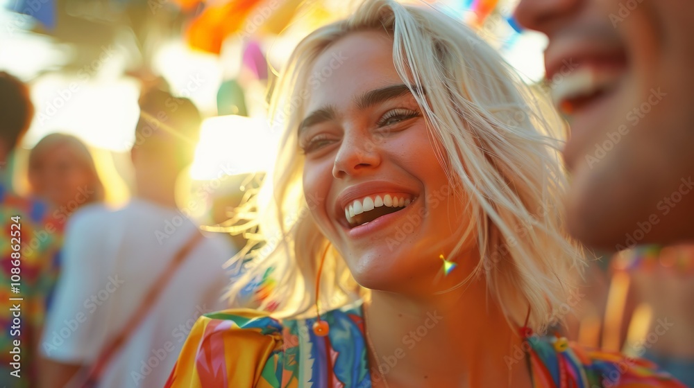Joyful moments at a vibrant festival with friends. A woman smiles brightly as the sun sets behind her, adding warmth to the colorful scene. Joyful moments at a vibrant festival with friends. A woman smiles brightly as the sun sets behind her, adding warmth to the colorful scene.