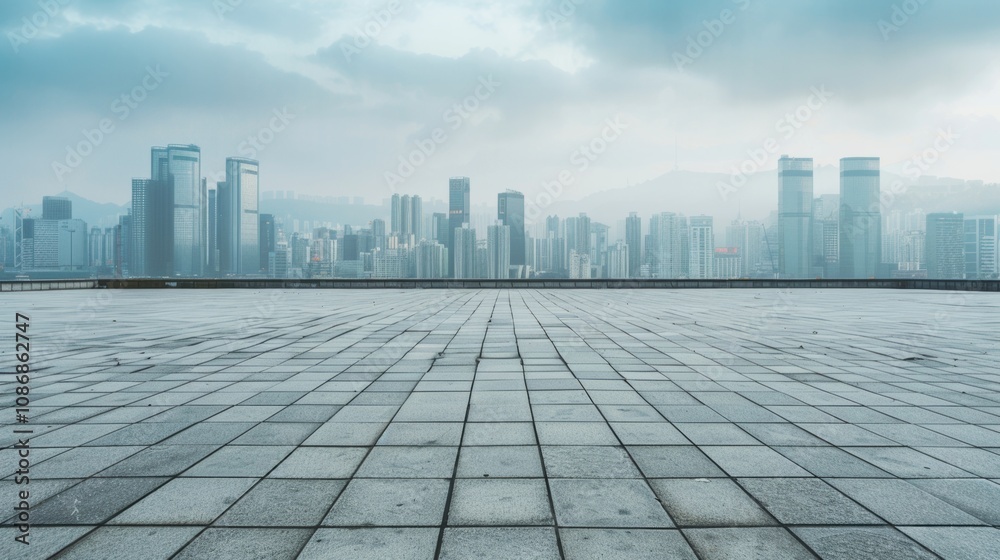 Empty square floor with city skyline background, Sustainable Urban Redevelopment Initiative, morning Empty square floor with city skyline background, Sustainable Urban Redevelopment Initiative, morning