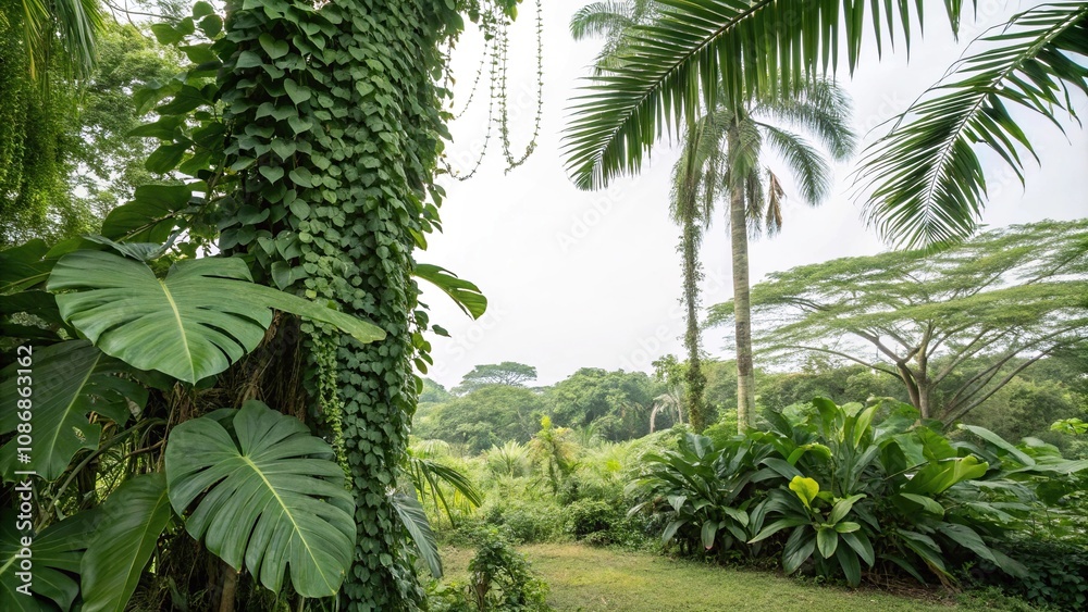 Tropical jungle foliage with large green palm leaves and vines, garden, foliage texture