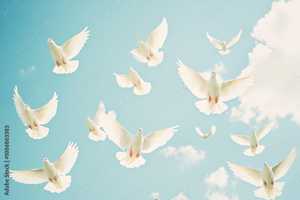 A photograph depicting white doves in flight A photograph depicting white doves in flight