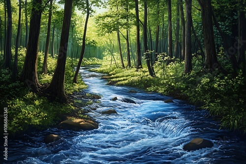 A serene forest scene with a flowing river  showcasing nature s beauty and tranquility.