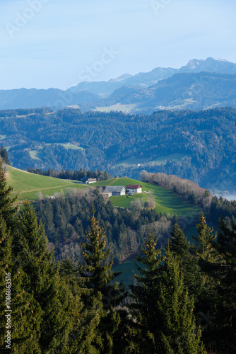 Beautiful landscape of Pfander mountains, Austria. Blue sky and green valley photo