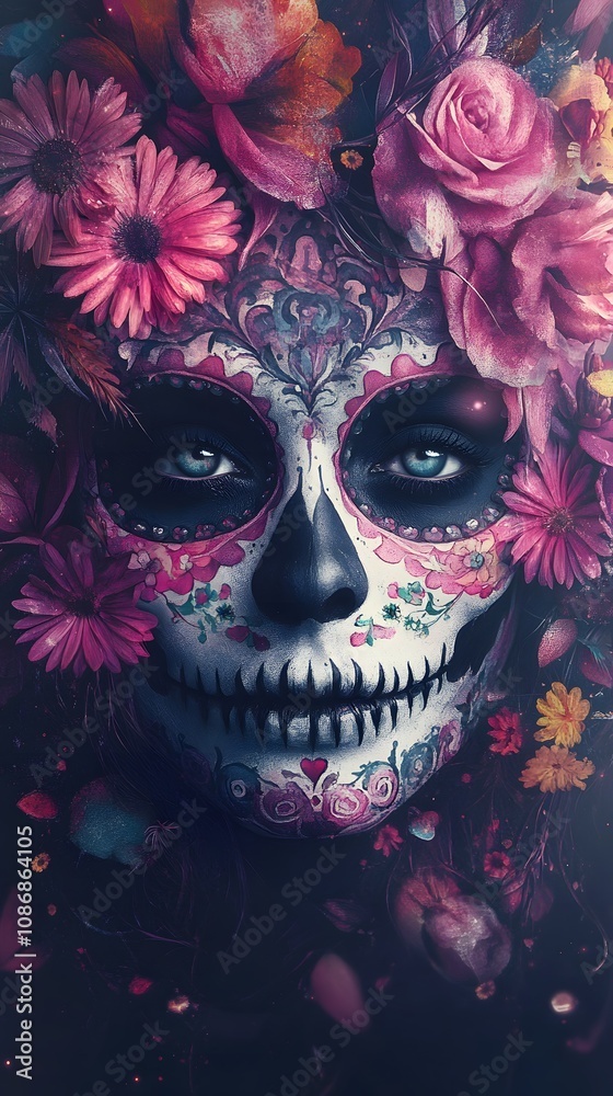 Intricate sugar skull face adorned with vibrant flowers, showcasing a striking beauty. Intricate sugar skull face adorned with vibrant flowers, showcasing a striking beauty.
