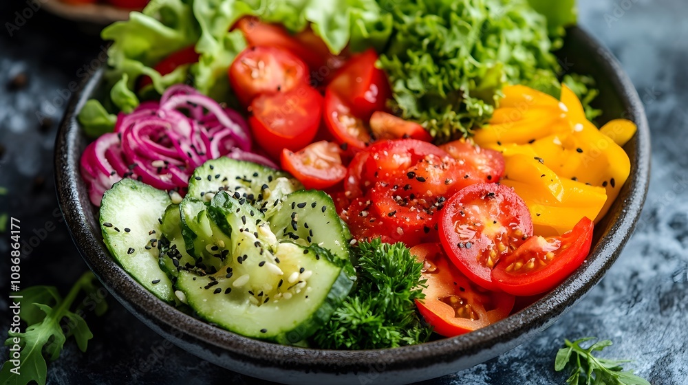 Vibrant salad bowl with a variety of fresh vegetables and herbs.