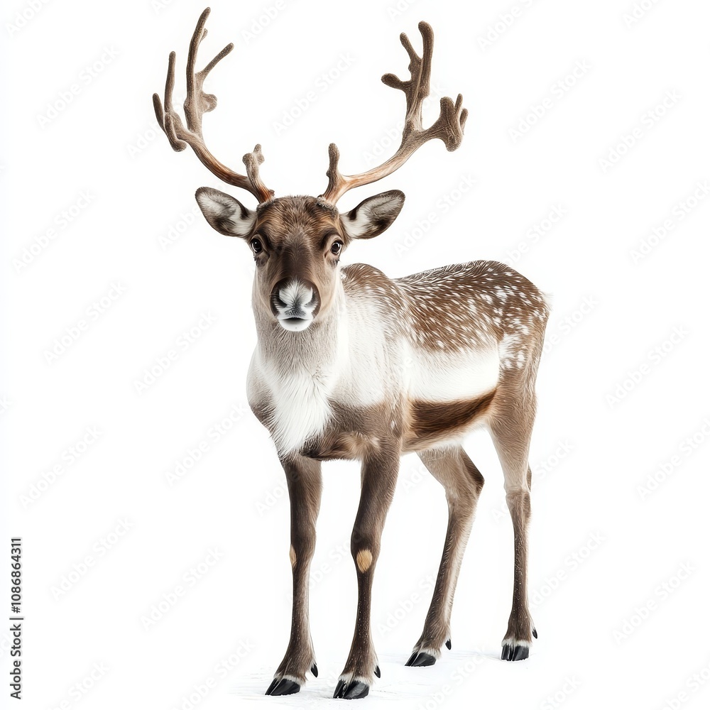 A solitary reindeer, a symbol of Christmas, isolated against a pure white background.Concept of winter,festive,tradition, Christmas decorations, greeting cards, children's products, advertising. A solitary reindeer, a symbol of Christmas, isolated against a pure white background.Concept of winter,festive,tradition, Christmas decorations, greeting cards, children's products, advertising.