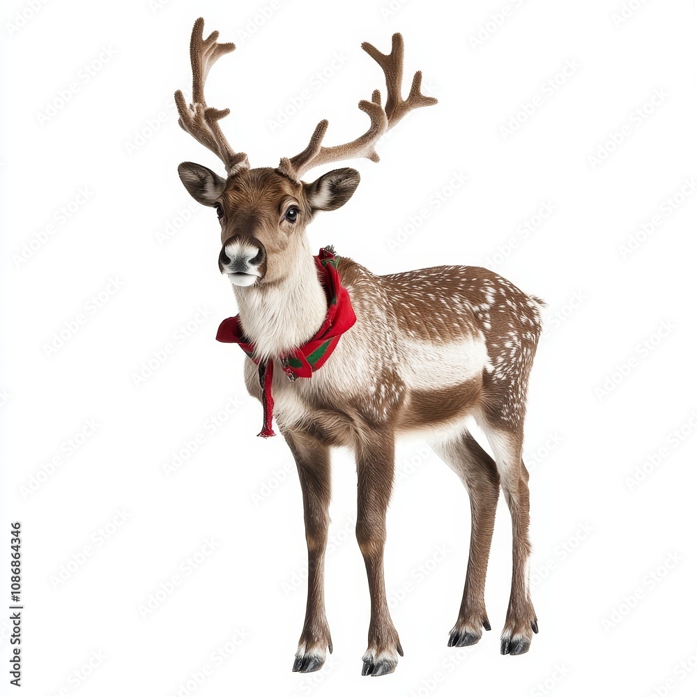A solitary reindeer, a symbol of Christmas, isolated against a pure white background.Concept of winter,festive,tradition, Christmas decorations, greeting cards, children's products, advertising. A solitary reindeer, a symbol of Christmas, isolated against a pure white background.Concept of winter,festive,tradition, Christmas decorations, greeting cards, children's products, advertising.