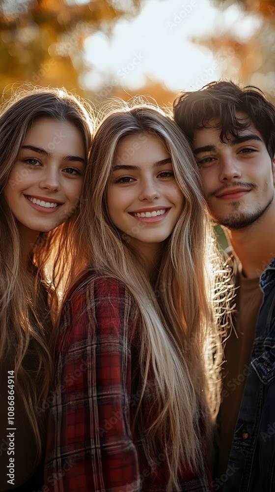 Three young adults with long hair smiling joyfully in a golden autumn setting. Three young adults with long hair smiling joyfully in a golden autumn setting.